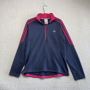 Y2K Adidas Half Zip Running Fleece Track Jacket Wom Sz L Navy Blue / Pink